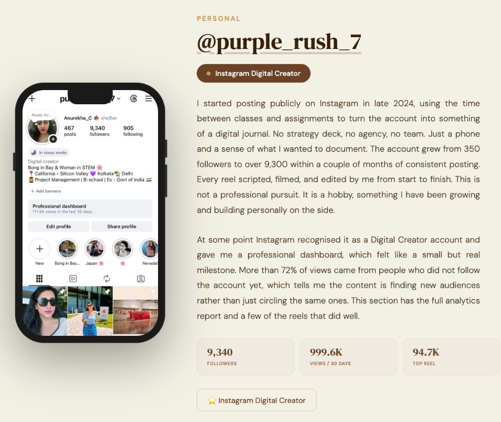 Personal Instagram showcase — phone mockup, profile copy, and performance metrics