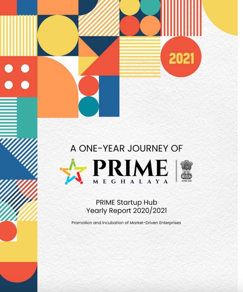Cover of the PRIME Startup Hub Yearly Report 2020/2021 — PRIME Meghalaya logo, state emblem, and programme title on a white background with geometric border