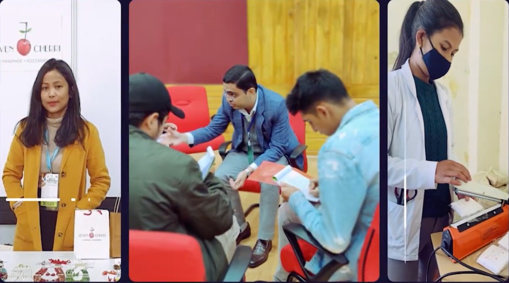 Collage from the Chief Minister's E-Championship Challenge 2.0 Top 50 announcement film — founder showcase, mentoring session, and production work